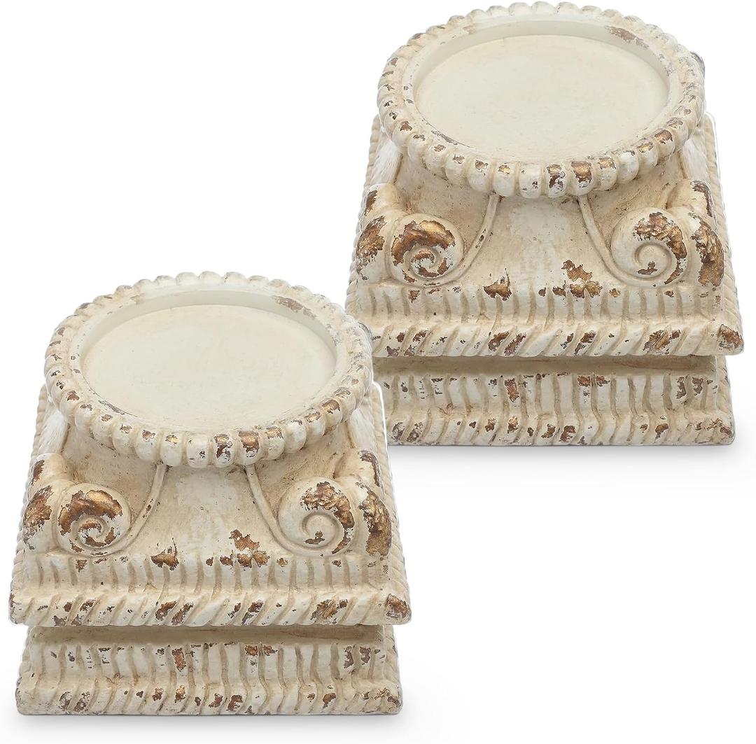 2 Pcs Pedestal Stand for Decoration Display Distressed Vintage Column Stand White Embossed Plant Candle Pedestal Small Classic Plinth Base for Party Wedding Home Decorative Table Centerpiece