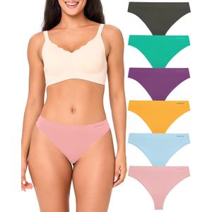 BAMBOO COOL Women's Thongs Seamless Moisture-Wicking Breathable Underwear High Stretchy Mid Waisted Panties Tagless 6 Pack (Large)