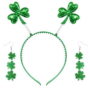 3 x St Patricks Day Headband Set - Green Shamrock Headbands with Glitter Shamrock Earrings for Women St Patricks Day Accessories