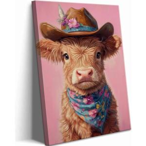 Cute Highland Cow Baby Canvas Wall Art Cowboy Baby Calf Pink Western Wall Decor Picture Trendy Preppy Aesthetic Poster Print Eclectic Funky Girly Bedroom Decoration 12x16in (16L" x 12W")