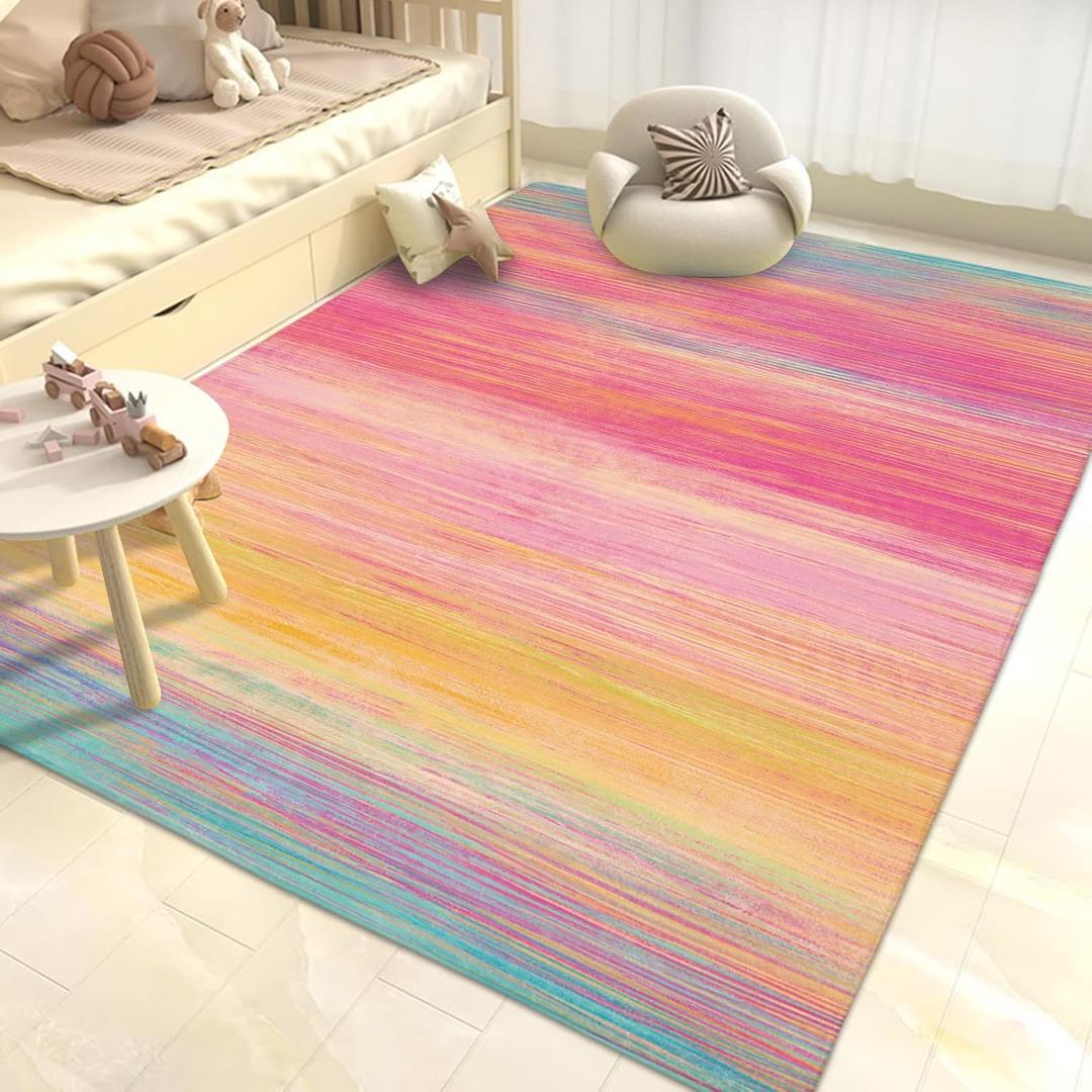 USTIDE Vibrant Rainbow Area Rug 5x7/55"x78" Colorful Stripe Kids Rug Plush Machine Washable Rug for Girls Bedroom Nonslip Kids Carpet for Nursery Soft Playroom Home Decor