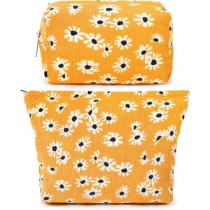 SOIDRAM 2 Pieces Flower Makeup Bag Large Cosmetic Bag Capacity Canvas Mix Travel Toiletry Bag Organizer Cute Makeup Brushes Aesthetic Accessories Storage Bag for Women,Little Flower Mix Yellow