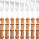 8pcs Dinner Fork, Stainless Steel and Natural Bamboo Cutlery Table Fork, Resuable Mirror Polish, Elegant and Exquisite Salad Fork, 8.07-inch, Silver