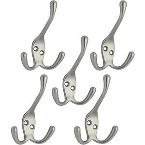 QCAA Premium Quality Coat Hat Hook with Three Prongs, 4", Zinc Die Cast, Satin Nickel, 5 Pack, Made in Taiwan