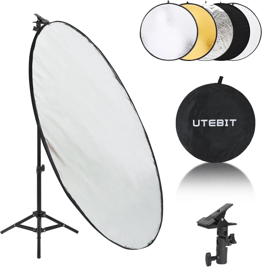 UTEBIT 31 Inch (80cm) Light Reflector Stand Kit Diffuser 5 in 1 Collapsible Multi Disc with Bag, 48 Inch Light Stand, Photography Reflector Holder-Translucent/Silver/Gold/White/Black