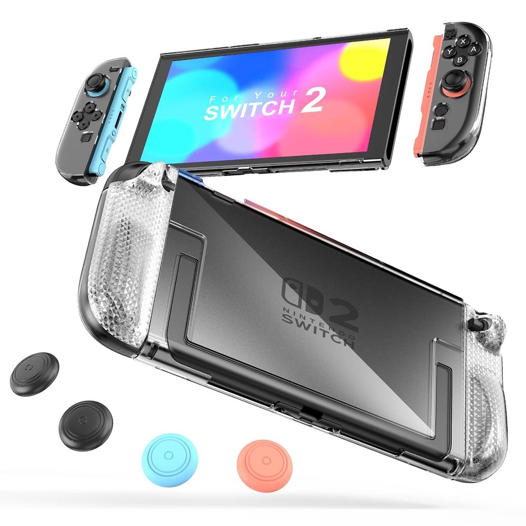 2 x STARTRC GAMES Protective Case Compatible with Nintendo Switch 2, Transparent Protective for Nintendo Switch 2 (2025) with TPU Grip Cover Case and Thumb Caps, Shock-Absorption and Anti-Scratch Design