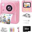 Instant Print Camera for Kids, 1080P Video Camera with 3 Print Rolls, 32GB Card & Cute Cover, Gift for Girls Boys Age 3-12, Toddler Digital Camera with Games, Filters, Music Pink