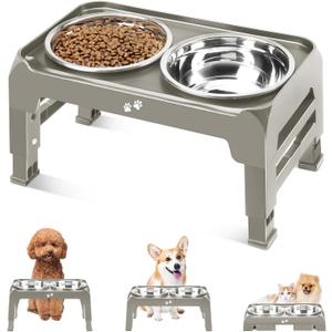 Elevated Bowls for Small Dogs - 3 Height Adjustable Raised Stand With 25oz Stainless Steel Food Bowls, Anti-Slip Feeder Adjusts to 7.5", 6", 2.75", Light Brownish Gray