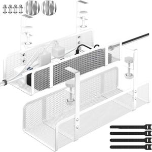 Under Desk Cable Tray - Wire Management Organizer Box, Cord Raceways for Office, Home - No Damage, No Drill (2 Packs-White)
