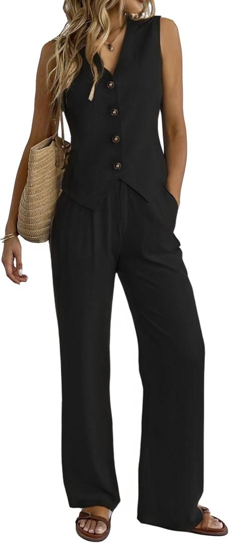 Women's 2 Piece Outfits Linen Vest Waistcoat Dressy Casual Sets Wide Leg Pants Suits (Black) Small 