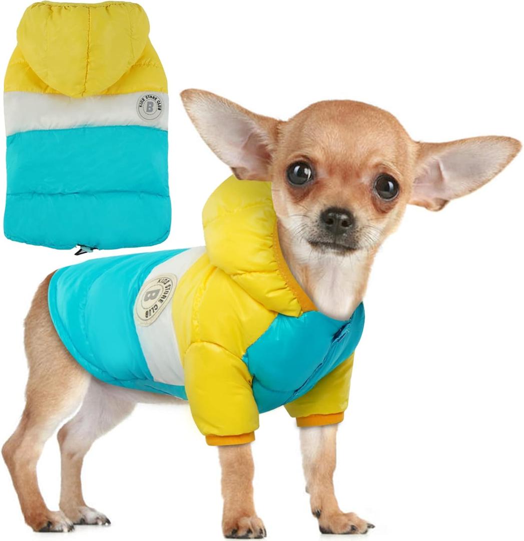 FUAMEY Puppy Puffer Jacket, Warm Padded Pet Snow Vest, Cute Windproof Dog Clothes, Waterproof Outdoor Lightweight Small Dog Hoodie, Chihuahua Poodles Yorkshire Pet Apparel S/12 (Yellow)