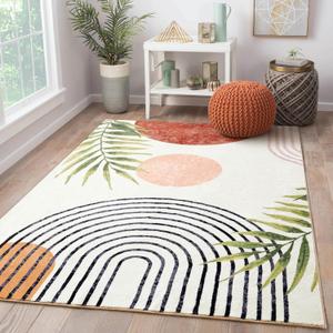 RoomTalks Mid Century Modern Washable Rug, Boho Cute Aesthetic 5x7 Area Rugs for Bedroom Dining Living Room Kitchen, Abstract Tropical Leaves Non Slip Thin Indoor Entryway Rug Accent Floor Carpet (Terracotta and Black)