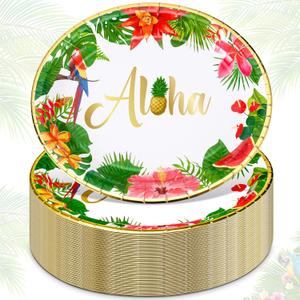 Sliner 100 Pcs Hawaiian Luau Oval Paper Plates Tropical Aloha Party Supplies Dinner Luau Party Decorations for Summer Beach Birthday BBQs Parties, 12 x 9 Inch