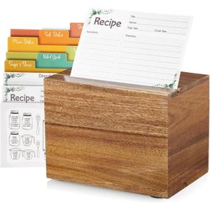 DRASTAR Acacia Wood Recipe Box, Recipe Holder with 100 Cards and 6 Dividers, 4x6 Recipe Card Box Set, Index Card Box