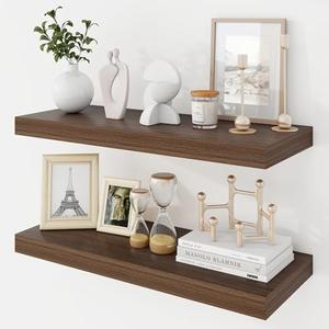 Acovy 24 Inch Floating Shelves, 9.3" Deep Floating Shelf Wall Mounted, 24" Wall Shelves, Rustic Deep Bookshelf, Large Display Shelves & Storage Shelves for Bedroom, Living Room, Walnut, Set of 2