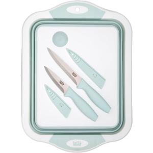 Tasty Multifunctional Cutlery Set, Includes Cutting Board with Built-In 7.5-Quart Collapsible Tub, Utility and Paring Knives, Space Saving Design, 3-Piece Set, Dishwasher Safe