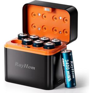 8-Pack Rechargeable Lithium aa Batteries with Charger, 1.5V Constant Output, 3400mWh High Capacity, 8-Slot Double A Li-ion Charger with Smart Charging, Multiple Charging Protections