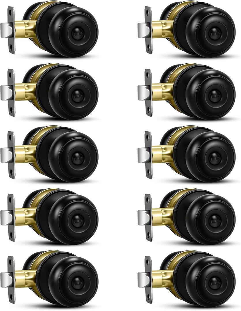 10 Pack Matte Black Door knobs, Keyless Interior Door Locks, Round Ball Keyless Doorknobs with Lock Privacy Door Handle for Bedroom Bathroom
