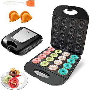 2025 Mini Donut Maker Machine for Home, KidFriendly 16Hole Electric Doughnut and Pancake Maker with NonStick Surface, Ideal for Homemade Doughnuts (Black with Mini Oven Gloves & Brush)