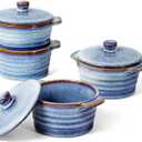 UNICASA 8 oz Ceramic Ramekins with Lid, Mini Casserole Dish with Handles Set of 4, Porcelain Small Baking Dish, Round Small Cocotte Oven Safe, Reactive Glaze (Denim Blue)