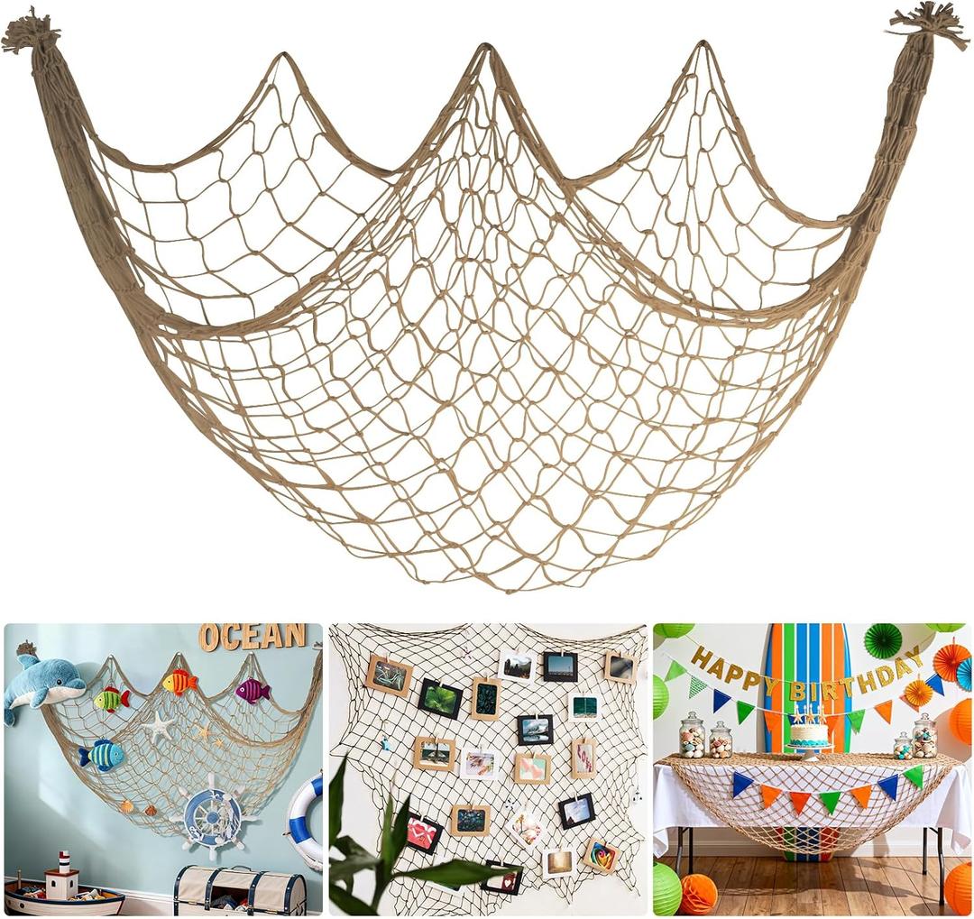 Fishing Net Decor for Party - 80x40 In Brown Fish Net Decorations Under The Sea Hawaiian Mermaid Pirate Beach Party Decorations, 3mm Natural Cotton Fishnet Ocean Nautical Themed Wall Table Decor, Large