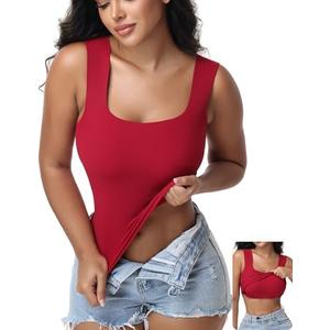 Women's Built-in Bra Tank Top Ribbed Slim Fit Wirefree Shelf Padded Tank Shirts Wide-Strap Square Neck, L