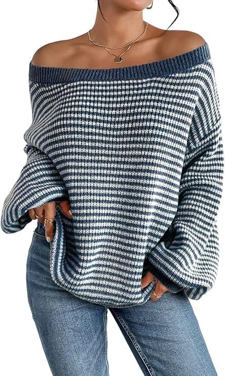 Women's Oversized Striped Sweater Casual Off The Shoulder Sweater Fall Long Sleeve Loose Knit Pullover Jumper Tops (Blue)