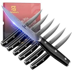 Piklohas Steak Knives Set of 6, 4.5 Inch Non Serrated Dinner Knife, Forged German Steel Damascus Pattern Straight Edge Meat Knife with Full Tang Handle, Dishwasher Safe, Ideal for Gift