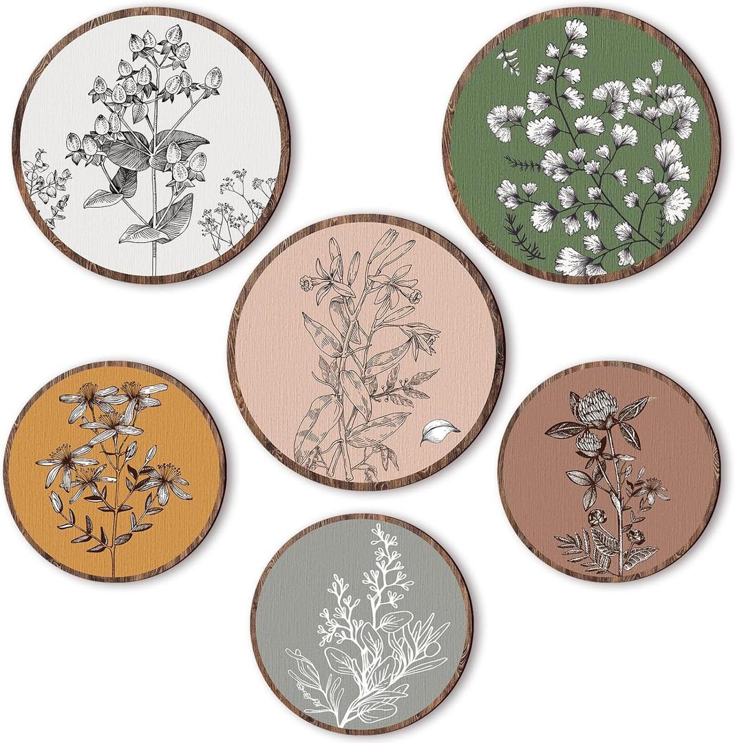 Barydat 6 Pieces Boho Plant Wall Art Decor Wooden Boho Farmhouse Rustic Bohemian Wall Hanging for Bedroom Living Room Office (Retro,8 Inch, 10 Inch)
