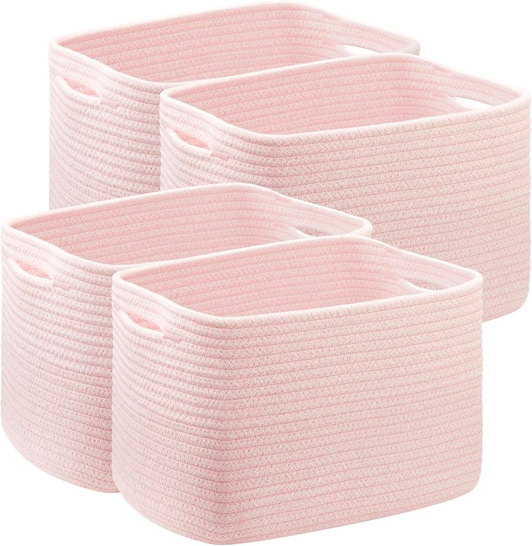 Pink Storage Bins 4 Pack Rectangular Rope Basket for Shelves for Baby Nursery Organization 12.7"Lx9"Wx7.9"H