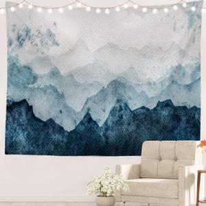 Batmerry Navy Blue Watercolor Mountains Tapestry, Sky Wall Art Hanging Decoration Polyester Fiber White Ruffled Around for Dorm Room Bedroom Living Room, 39.1x59.1 inches