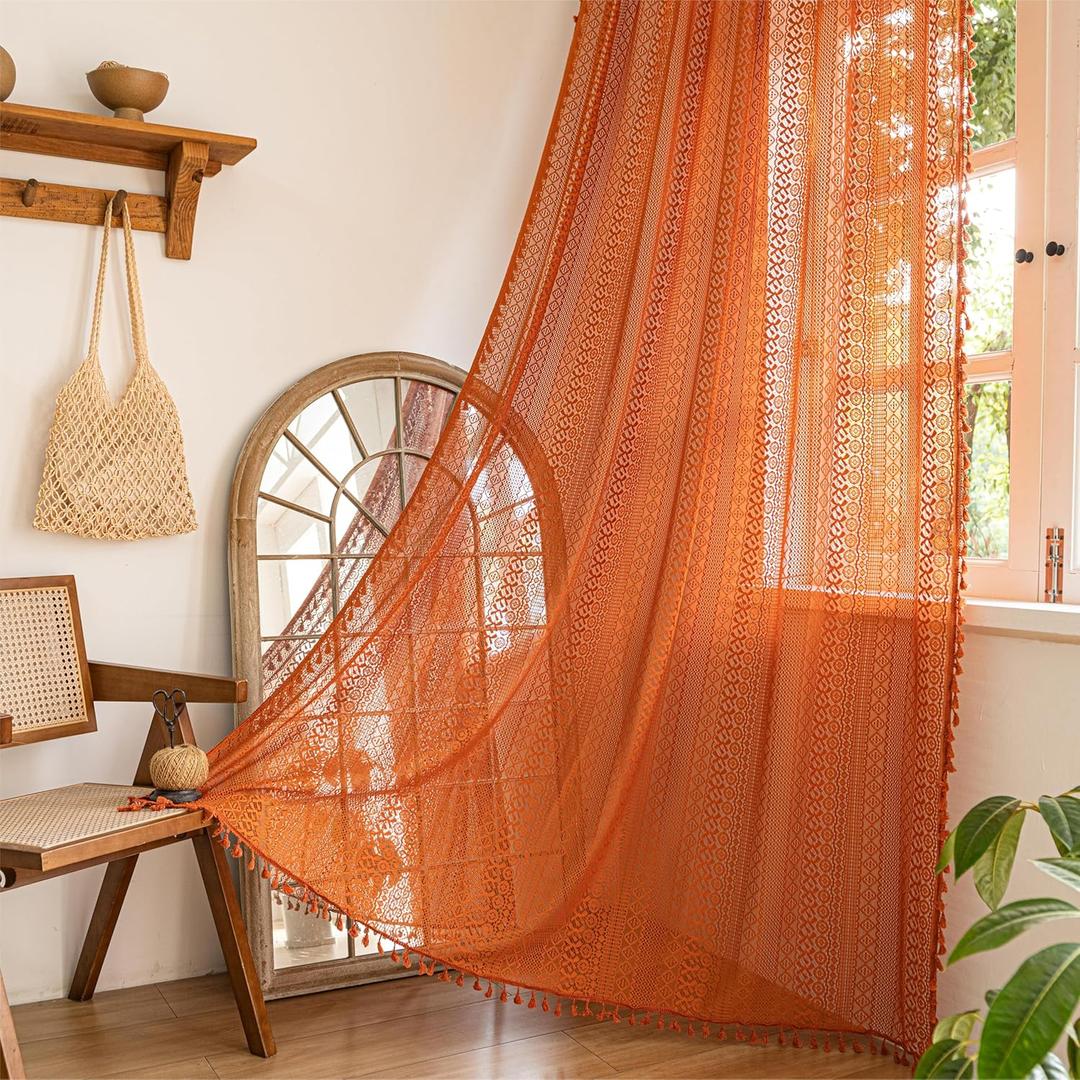 Sutuo Home Burnt Orange Boho Curtains 84 inches Long for Bedroom Living Room, Terracotta Crochet Lace Sheer Bohemian Hollow Knitted Tassels,Window Treatment Drapes Fall Decor, 1 Panel 59" W x 84" L