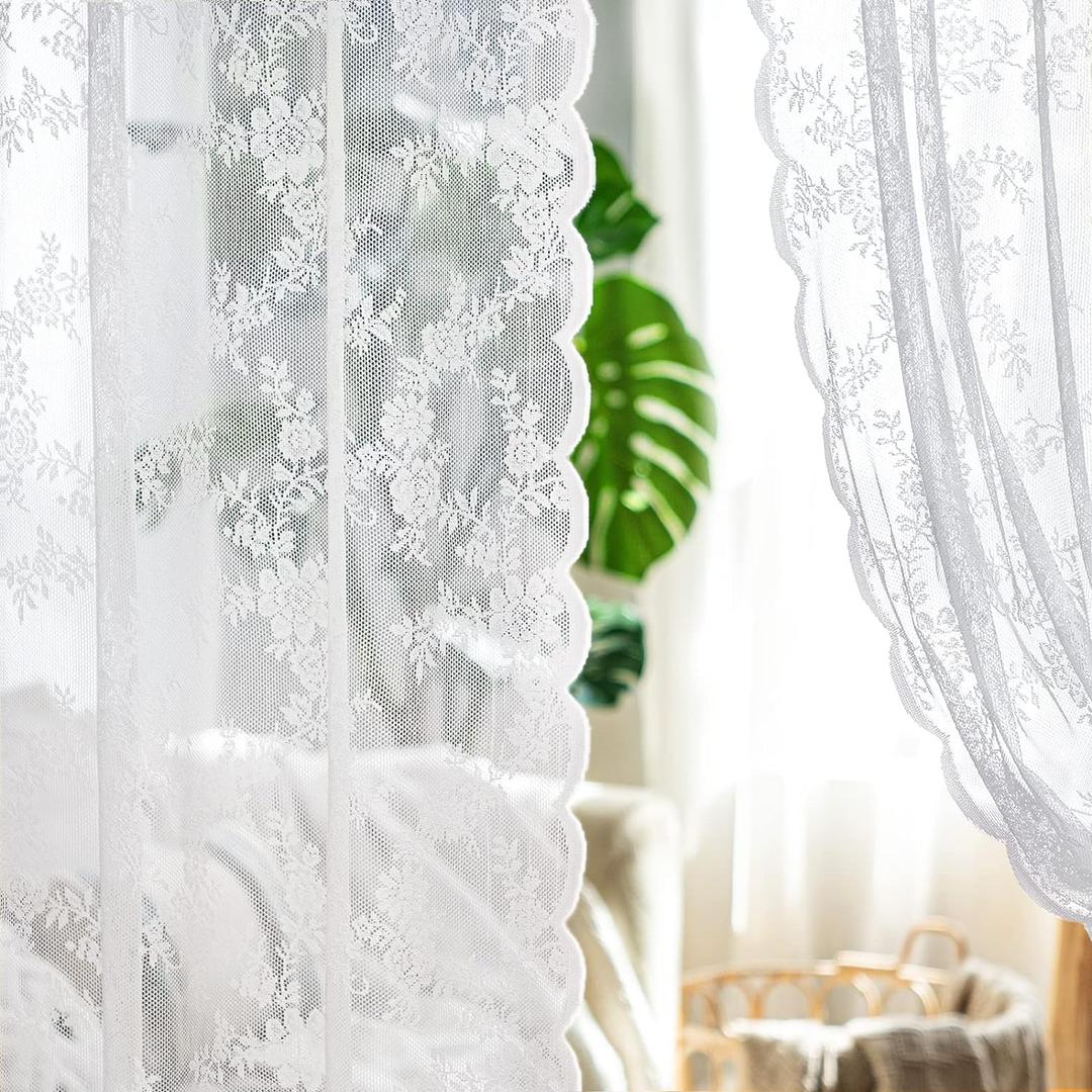 MIULEE White Lace Curtains 96 inch Length for Living Room Bedroom, Scalloped Sheer Curtains Rose Floral Embroidered Farmhouse Window Drapes Vintage European Tulle Retro Style, Rod Pocket, 2 Panels Set