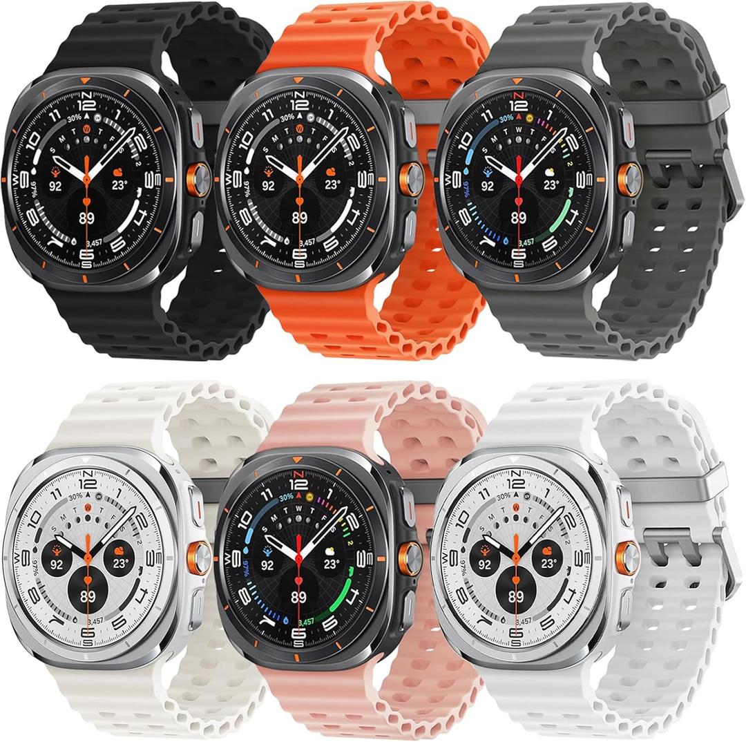 6 Pack Marine Silicone Band for Samsung Galaxy Watch Ultra Bands 47mm Men/Women,Waterproof Soft Sport Strap Compatible with Samsung Watch Ultra Band for Men/Women Breathable Replacement Correa Reloj (04-Black/Orange/Grey/Starlight/Pink Sand/White)