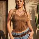 UpFind Women's Brown Fringe Halter Tops Sexy Faux Suede Boho Tops Cowgirl Outfits for Women, Large