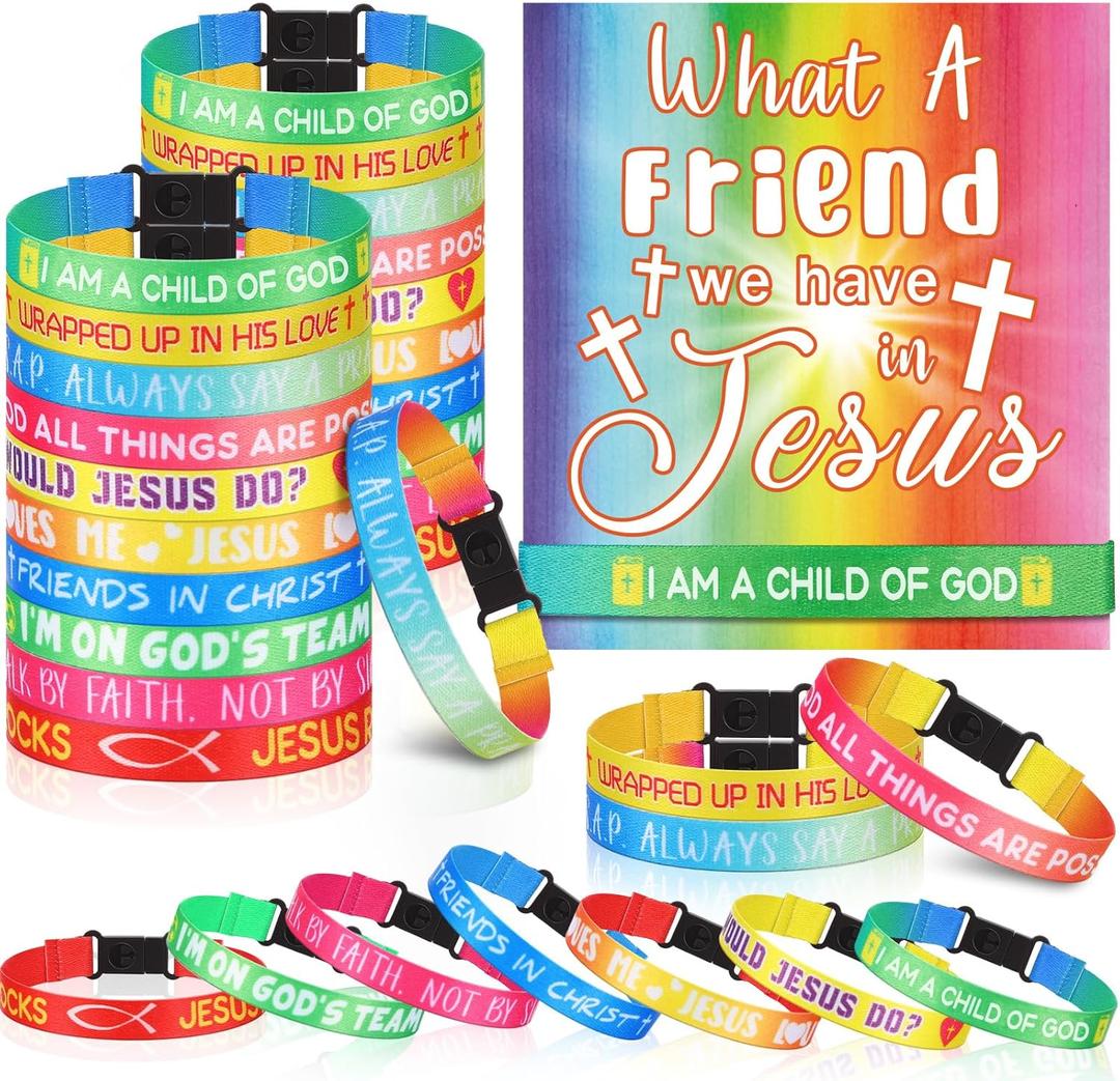 50 Sets Religious Friendship Bracelets with Christian Cards, Religious VBS Wristbands What a Friend We Have in Jesus Faith Christian Gifts for Kids Sunday School Church Activities