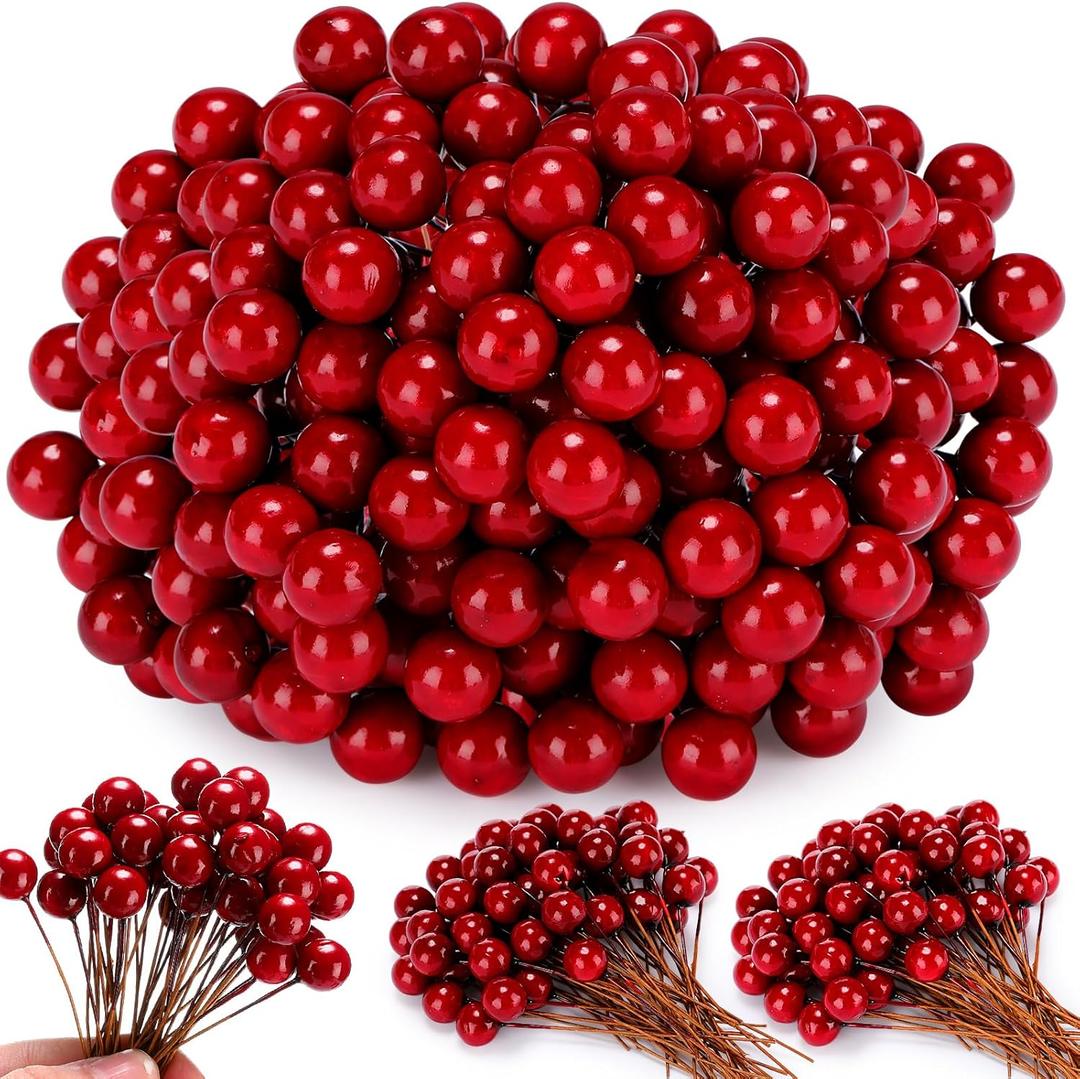 500 Pcs Artificial Holly Berries, Mini 10 mm Christmas Fake Berry with Stem Berry Picks for Xmas Tree Home Decoration Wreath DIY Craft Winter Holiday Party(Burgundy,Pure)