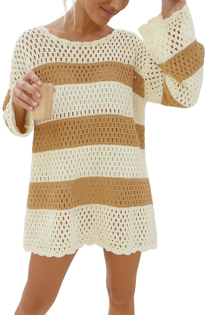 Prinbara Crochet Cover Up for Women Swimsuit Summer Bathing Suit 2025 Swim Hollow Out Bikini Swimwear Mesh Knit Beach Dress White Apricot Stripe XX-Large