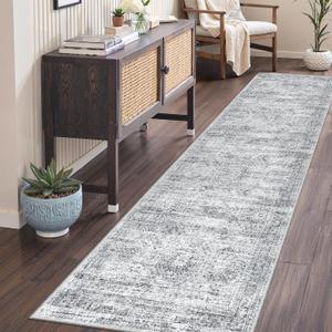 2x7 Runner Rug Non Slip, Thin Entryway Washable Rug for Entryway, Runners for Hallways, Low Pile Vintage Abstract Soft Rugs for Living Room, Kitchen, Bedroom(2'x7', Grey/Ivory)