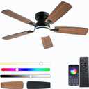 Ceiling Fans with Lights, 48 inch Low Profile Ceiling Fan with Light and Remote Control, Flush Mount RGB Dimmable Light, Noiseless, Brown Ceiling Fan for Bedroom Indoor/Outdoor Use
