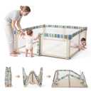 Foldable Baby Playpen,Portable Indoor & Outdoor Playpen for Babies and Toddlers,59”x79”Extra Large Play Pen with Gate and Travel Bag,Collapsible Khaki Baby Fence with Green Stripes