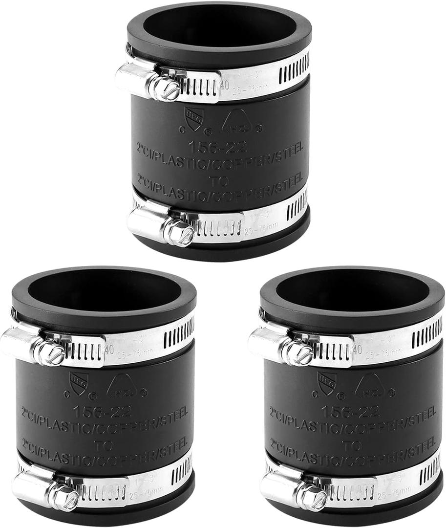 3 Pcs 2" Flexible Pvc Pipe Coupling with Stainless Steel Clamp, Flexible Fitting for Connecting Cast Iron, Plastic and Copper Pipes, for Sewer and Drain Connections(Black)