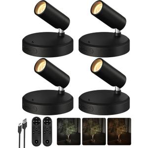 EZVALO Spotlights Indoor with Remote, 5500mAh Rechargeable Picture Lights, Wireless LED Uplighting with Timer & Dimmable, 3-CCT, Mini Plant Spot Lights for Painting, Artwork (4-Pack-Black)
