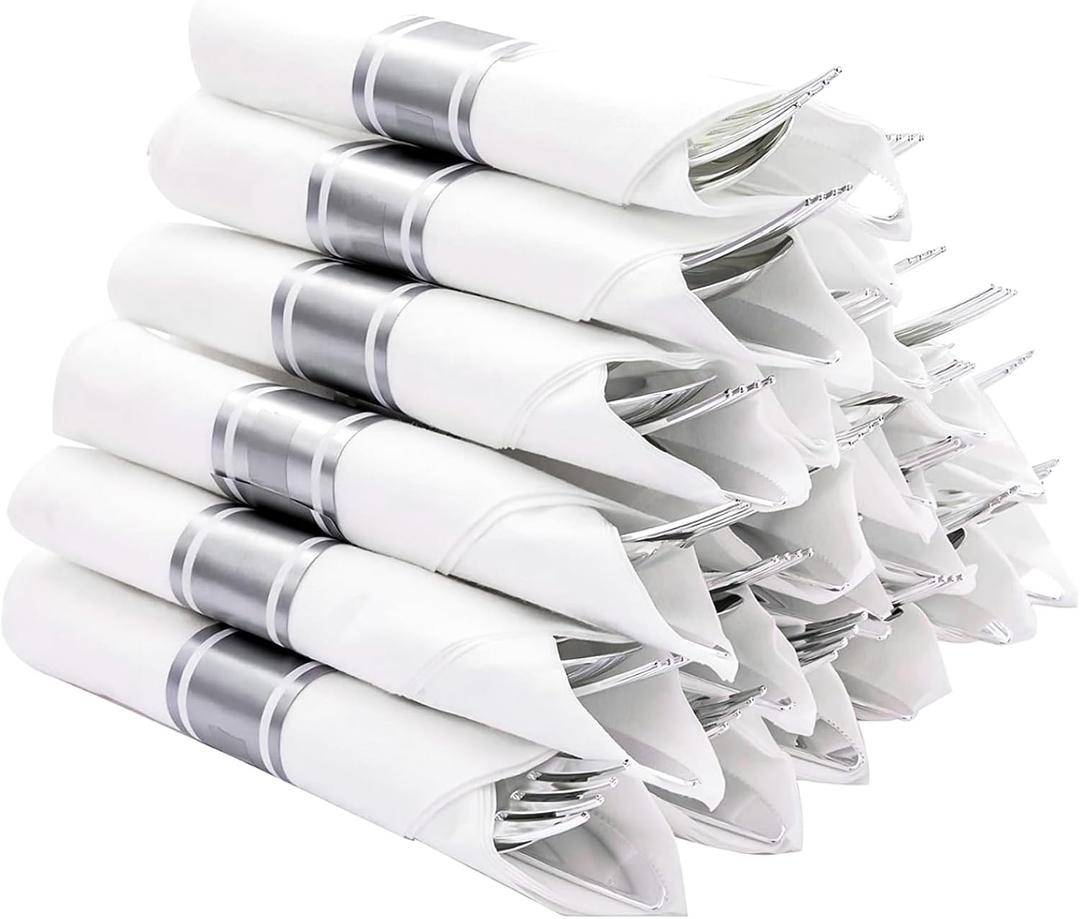 N9R 75 Pack Pre Rolled Silver Plastic Cutlery Set, 75 Pieces (75 Forks, 75 Knives, 75 Spoons, 75 Napkins), Disposable Silverware Set for Party, Wedding, Modern Style