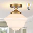 Bagood 8" Gold Schoolhouse Lights Fixture Schoolhouse Light Fixtures Ceiling Mid Century Lights Fixture Milk Glass Fixtures Semi Flush Mount Ceiling Light for Bathroom Kitchen (Bulb Incl.)