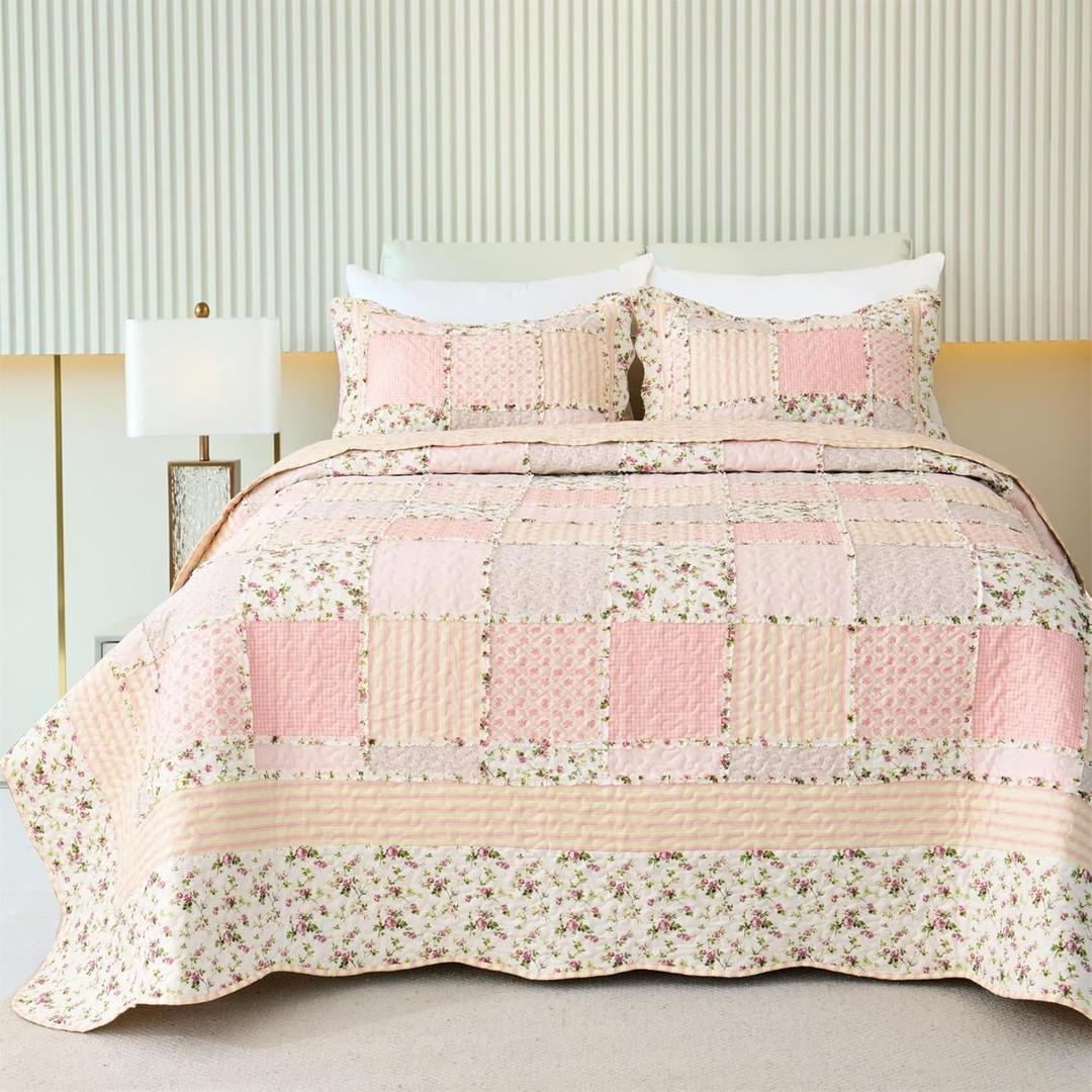 Cmfshape Garden Floral Quilt Bedspread Twin Size, Patchwork Pink Quilt Set with 1 Pillow Sham,Summer Bedding Set for Girls Women,Soft Lightweight Bed Coverlet for All Seasons (Twin68x86 Pink&Yellow)