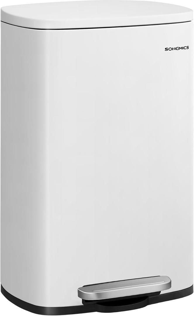 SONGMICS 13 Gallon (50 L) Trash Can, Stainless Steel Kitchen Garbage Can, Recycling or Waste Bin, Soft Close, Step-On Pedal, Removable Inner Bucket, White ULTB050W01