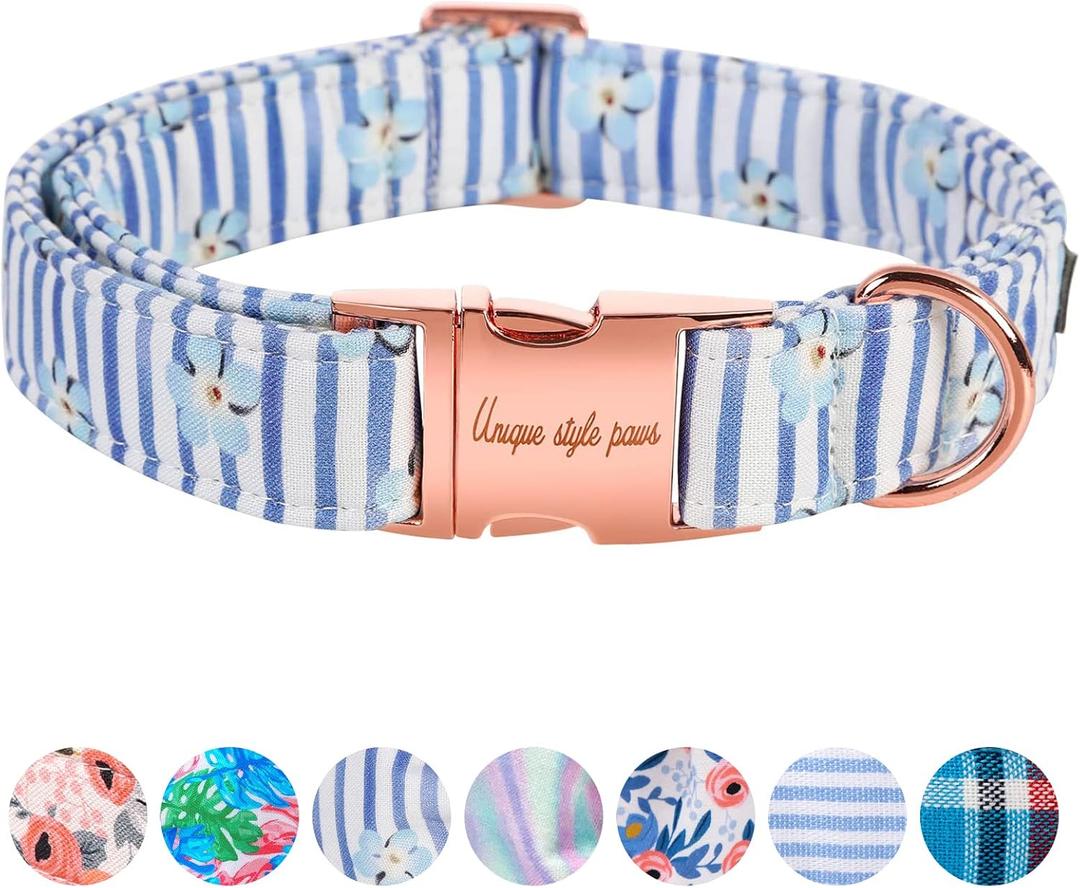 Unique style paws Dog Collar Metal Buckle Blue Striped Flower Collar Gift Durable Cute Collar for  Large Boys Girls Dogs (stripe flower) L