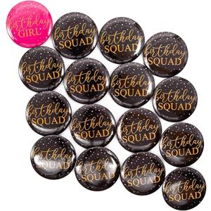 16 Pack Round Birthday Squad Buttons in 2 Designs, Black and Pink (2.3 Inch)
