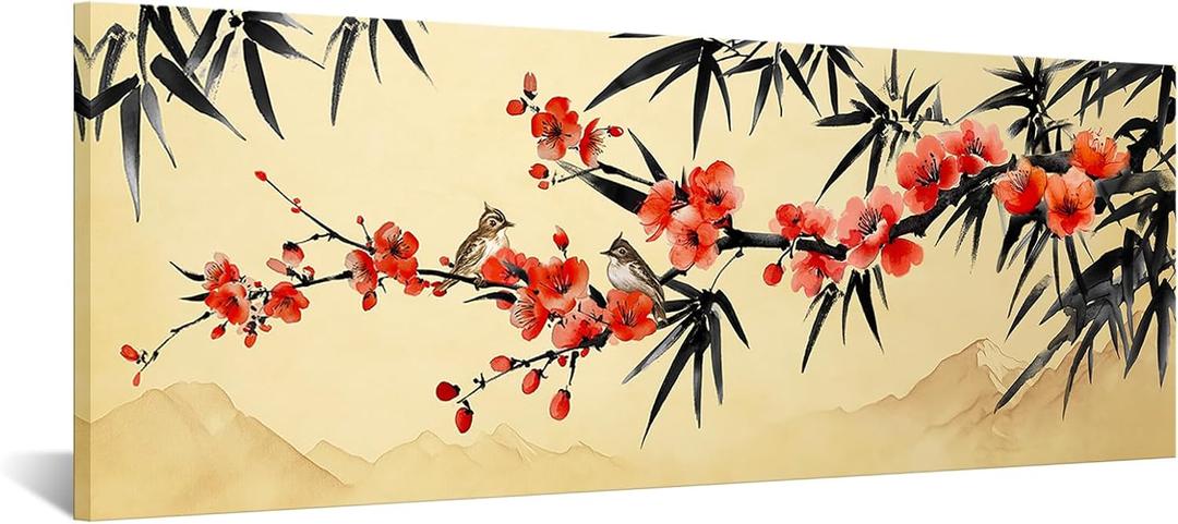 Large Bamboo Plum Blossoms Chinese Traditional Wall Art with Birds, 48"L x 20"W